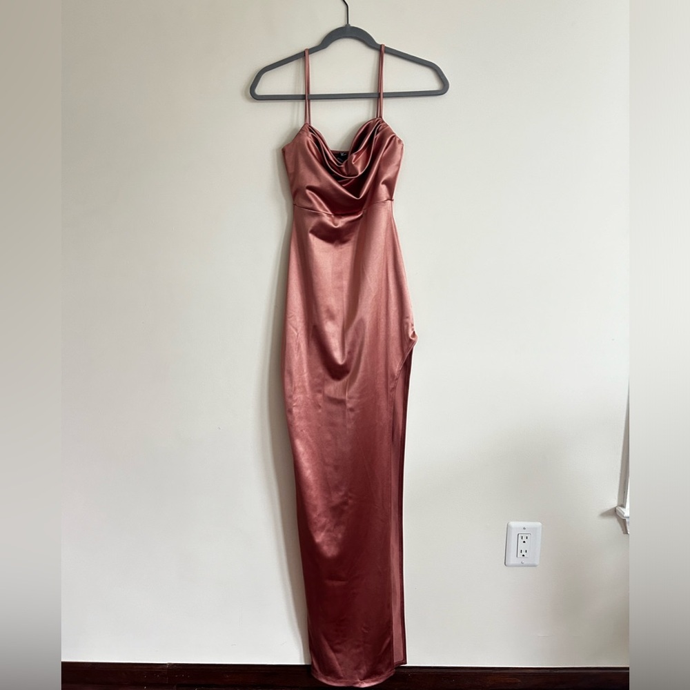 Blush pink satin prom, wedding guest dress with slit